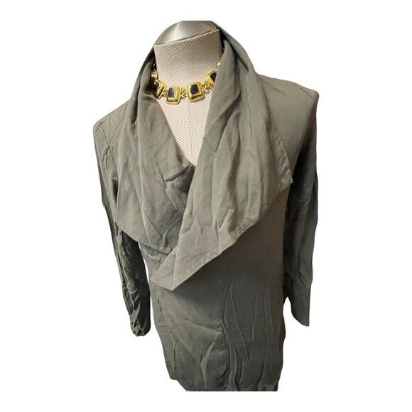 F21 Women Medium Army Green Lagenlook Blazer Cardigan Open Front Waterfall Work - Picture 3 of 13